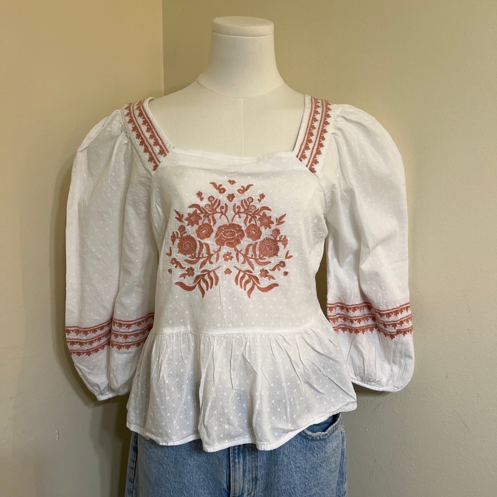 Universal Thread White Embroidered Puff Sleeve Peplum Blouse Top Small Boho